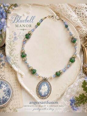 “Bluebell Manor”-Handmade Vintage Czech & Wedding Cake Glass Cameo Necklace